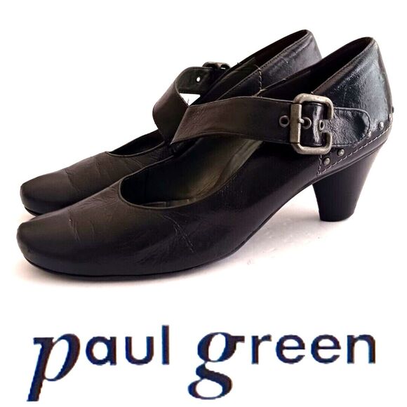 Paul Green Blk Leather Heeled Mary Jane Wide Buckle Strap Studs US 8 UK 5.5 - Picture 1 of 12